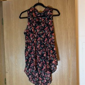 Sheer black Floral hi-lo button up Sleeveless Top
